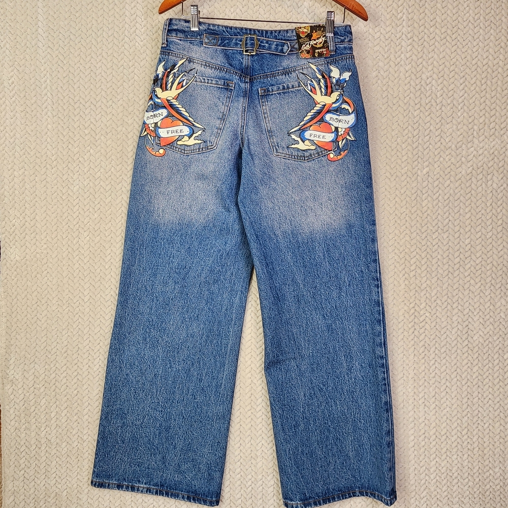 Ed Hardy Loose Fit Jeans Free Birds Womens 28 Buckle Back WEHD8500-2 NWT